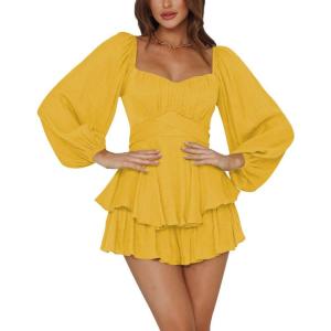 imageLYANER Womens Jumpsuit Lantern Long Sleeve Ruffle Layer Tie Mini Short RomperYellow