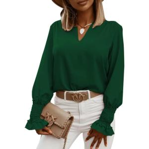 imageLYANER Womens V Neck Shirred Bell Long Sleeve Blouse Casual Tunic TopDark Green