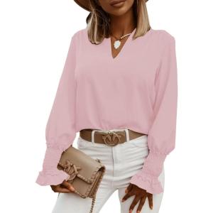 imageLYANER Womens V Neck Shirred Bell Long Sleeve Blouse Casual Tunic TopLight Pink