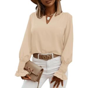 imageLYANER Womens V Neck Shirred Bell Long Sleeve Blouse Casual Tunic TopOffwhite