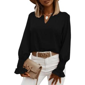 imageLYANER Womens V Neck Shirred Bell Long Sleeve Blouse Casual Tunic TopSolid Black