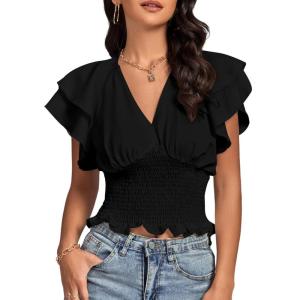 imageLYANER Womens V Neck Shirred Elastic Waist Layer Ruffle Trim Short Sleeve Crop Blouse Shirt TopBlack