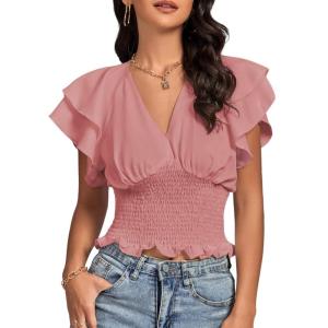 imageLYANER Womens V Neck Shirred Elastic Waist Layer Ruffle Trim Short Sleeve Crop Blouse Shirt TopDusty Pink