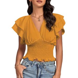 imageLYANER Womens V Neck Shirred Elastic Waist Layer Ruffle Trim Short Sleeve Crop Blouse Shirt TopGinger