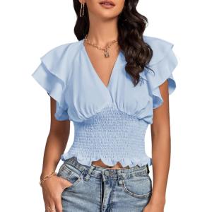 imageLYANER Womens V Neck Shirred Elastic Waist Layer Ruffle Trim Short Sleeve Crop Blouse Shirt TopLight Blue