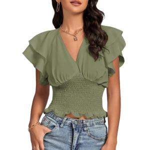 imageLYANER Womens V Neck Shirred Elastic Waist Layer Ruffle Trim Short Sleeve Crop Blouse Shirt TopPea Green