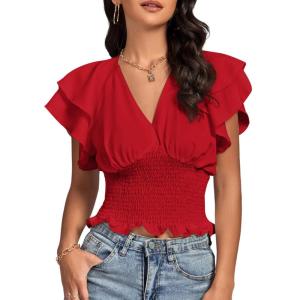 imageLYANER Womens V Neck Shirred Elastic Waist Layer Ruffle Trim Short Sleeve Crop Blouse Shirt TopRed
