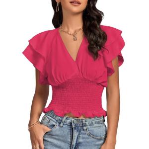 imageLYANER Womens V Neck Shirred Elastic Waist Layer Ruffle Trim Short Sleeve Crop Blouse Shirt TopRose