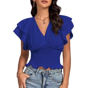 imageLYANER Womens V Neck Shirred Elastic Waist Layer Ruffle Trim Short Sleeve Crop Blouse Shirt TopRoyal Blue