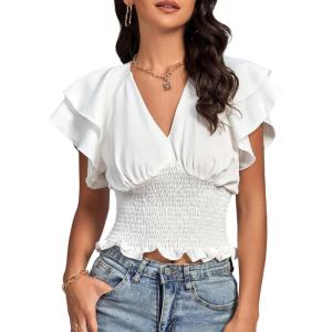 imageLYANER Womens V Neck Shirred Elastic Waist Layer Ruffle Trim Short Sleeve Crop Blouse Shirt TopWhite