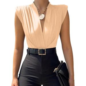 imageLYANER Womens Wraped V Neck Ruched Sleeveless Tank Leotard Bodysuit TopBeige