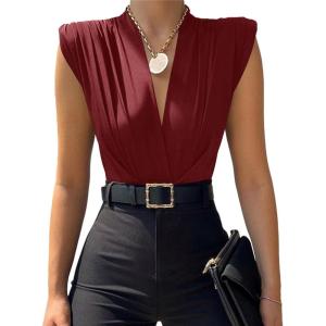 imageLYANER Womens Wraped V Neck Ruched Sleeveless Tank Leotard Bodysuit TopBurgundy
