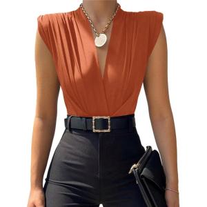 imageLYANER Womens Wraped V Neck Ruched Sleeveless Tank Leotard Bodysuit TopBurnt Orange
