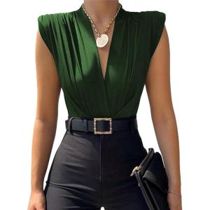 imageLYANER Womens Wraped V Neck Ruched Sleeveless Tank Leotard Bodysuit TopDark Green