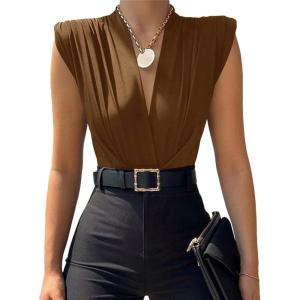 imageLYANER Womens Wraped V Neck Ruched Sleeveless Tank Leotard Bodysuit TopDeep Brown