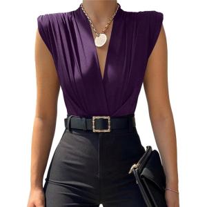 imageLYANER Womens Wraped V Neck Ruched Sleeveless Tank Leotard Bodysuit TopDeep Purple