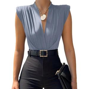 imageLYANER Womens Wraped V Neck Ruched Sleeveless Tank Leotard Bodysuit TopDusty Blue