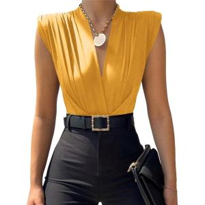 imageLYANER Womens Wraped V Neck Ruched Sleeveless Tank Leotard Bodysuit TopGinger