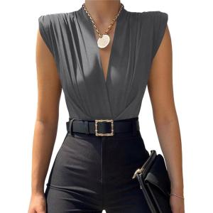 imageLYANER Womens Wraped V Neck Ruched Sleeveless Tank Leotard Bodysuit TopGray