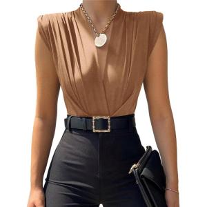 imageLYANER Womens Wraped V Neck Ruched Sleeveless Tank Leotard Bodysuit TopKhaki