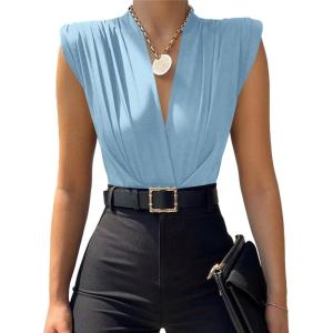 imageLYANER Womens Wraped V Neck Ruched Sleeveless Tank Leotard Bodysuit TopLight Blue