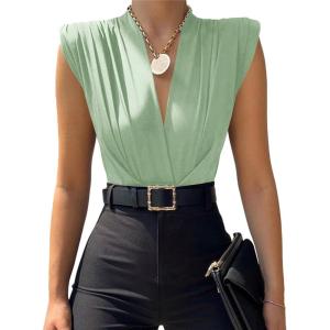 imageLYANER Womens Wraped V Neck Ruched Sleeveless Tank Leotard Bodysuit TopLight Green
