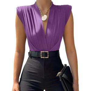 imageLYANER Womens Wraped V Neck Ruched Sleeveless Tank Leotard Bodysuit TopLight Purple