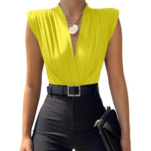 imageLYANER Womens Wraped V Neck Ruched Sleeveless Tank Leotard Bodysuit TopNeon Yellow