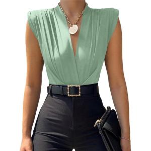 imageLYANER Womens Wraped V Neck Ruched Sleeveless Tank Leotard Bodysuit TopPea Green