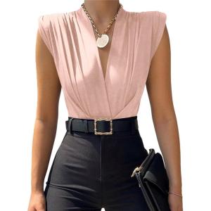imageLYANER Womens Wraped V Neck Ruched Sleeveless Tank Leotard Bodysuit TopPink