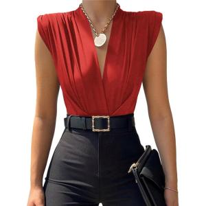 imageLYANER Womens Wraped V Neck Ruched Sleeveless Tank Leotard Bodysuit TopRed
