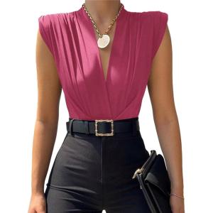 imageLYANER Womens Wraped V Neck Ruched Sleeveless Tank Leotard Bodysuit TopRose