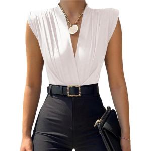 imageLYANER Womens Wraped V Neck Ruched Sleeveless Tank Leotard Bodysuit TopWhite