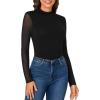 imageLYANER Womens Basic Mock Neck Stretch Sheer Mesh Long Sleeve Bodysuit Leotard TopBlack