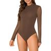 imageLYANER Womens Basic Mock Neck Stretch Sheer Mesh Long Sleeve Bodysuit Leotard TopBrown