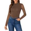 imageLYANER Womens Basic Mock Neck Stretch Sheer Mesh Long Sleeve Bodysuit Leotard TopBrown