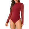 imageLYANER Womens Basic Mock Neck Stretch Sheer Mesh Long Sleeve Bodysuit Leotard TopBurgundy
