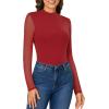 imageLYANER Womens Basic Mock Neck Stretch Sheer Mesh Long Sleeve Bodysuit Leotard TopBurgundy