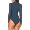 imageLYANER Womens Basic Mock Neck Stretch Sheer Mesh Long Sleeve Bodysuit Leotard TopDeep Blue