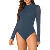 imageLYANER Womens Basic Mock Neck Stretch Sheer Mesh Long Sleeve Bodysuit Leotard TopDeep Blue