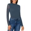 imageLYANER Womens Basic Mock Neck Stretch Sheer Mesh Long Sleeve Bodysuit Leotard TopDeep Blue