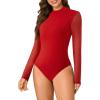 imageLYANER Womens Basic Mock Neck Stretch Sheer Mesh Long Sleeve Bodysuit Leotard TopRed