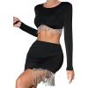 imageLYANER Womens Fringe Rhinestone Slit Asymmetrical Hem High Waist Ribbed Bodycon Short SkirtsBlack