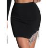 imageLYANER Womens Fringe Rhinestone Slit Asymmetrical Hem High Waist Ribbed Bodycon Short SkirtsBlack
