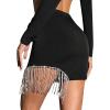 imageLYANER Womens Fringe Rhinestone Slit Asymmetrical Hem High Waist Ribbed Bodycon Short SkirtsBlack