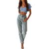 imageLYANER Womens Ruffle Short Sleeve Tie Up Back Crop Top Off Shoulder Bardot BlouseAzure Blue