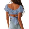 imageLYANER Womens Ruffle Short Sleeve Tie Up Back Crop Top Off Shoulder Bardot BlouseAzure Blue