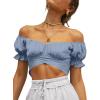 imageLYANER Womens Ruffle Short Sleeve Tie Up Back Crop Top Off Shoulder Bardot BlouseAzure Blue