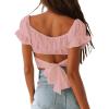 imageLYANER Womens Ruffle Short Sleeve Tie Up Back Crop Top Off Shoulder Bardot BlouseBaby Pink