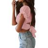imageLYANER Womens Ruffle Short Sleeve Tie Up Back Crop Top Off Shoulder Bardot BlouseBaby Pink